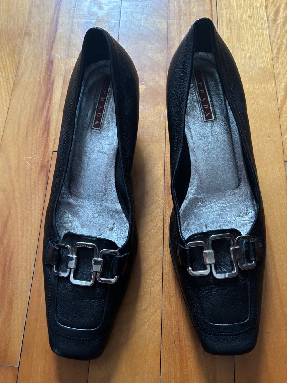 Prada black kitten heel shoes pumps black with silver buckle size 37